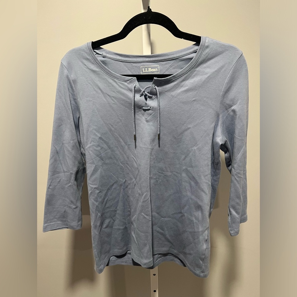 L.L.Bean Blue Cotton Henley 3/4 Sleeve Lace-Up Neck Detail Top Size Small